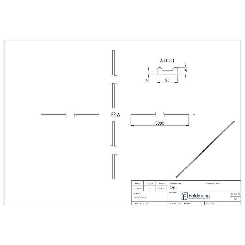 Hespeneisen S235JR, 25x8x4mm, L: 3000mm