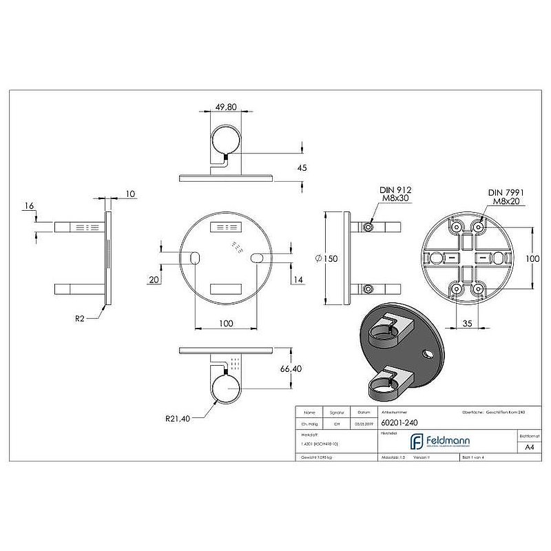 Wandbefestigung für Geländerpfosten 42,4mm, V2A