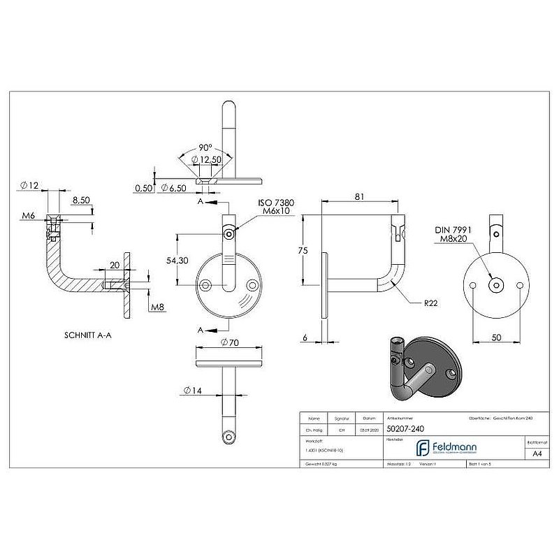 Handrail bracket with joint, top internal thread M6 (round plate and bracket screwed together), AISI