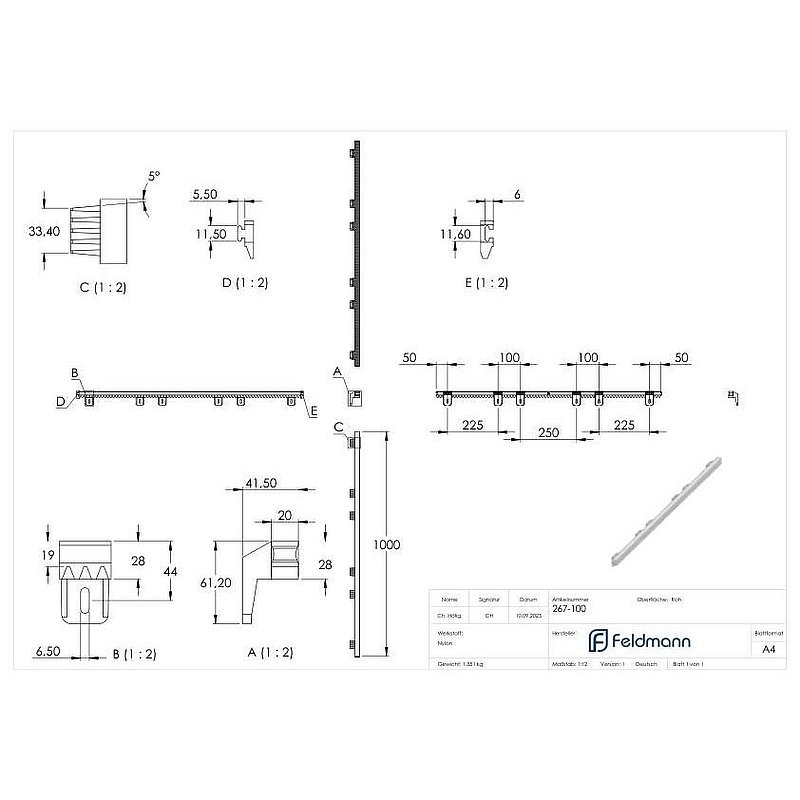 Zahnstange 28 x 20mm, aus verstärktem Nylon mit Stahlkern, Länge 1m, ohne Befestigungsmaterial