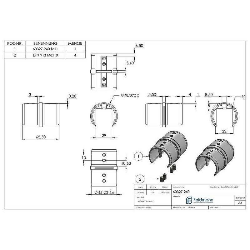 Rohrverbinder für Nutrohr 48,3mm, V2A