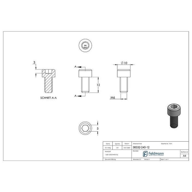 Cylinder head screw M6x12, AISI304, DIN 912