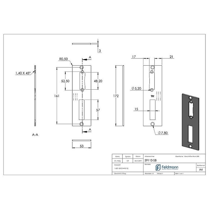 Edelstahlschließblech 172x53x3,0mm, für Abstand 72mm, V2A