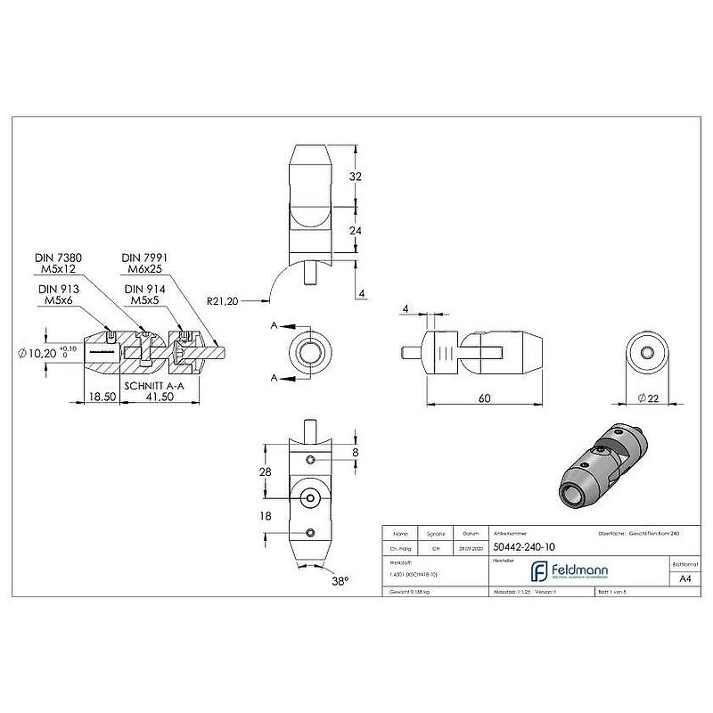 Cross bar holder with joint (for pushing from the front) 42.4 mm tube, 10.2 mm hole, AISI304