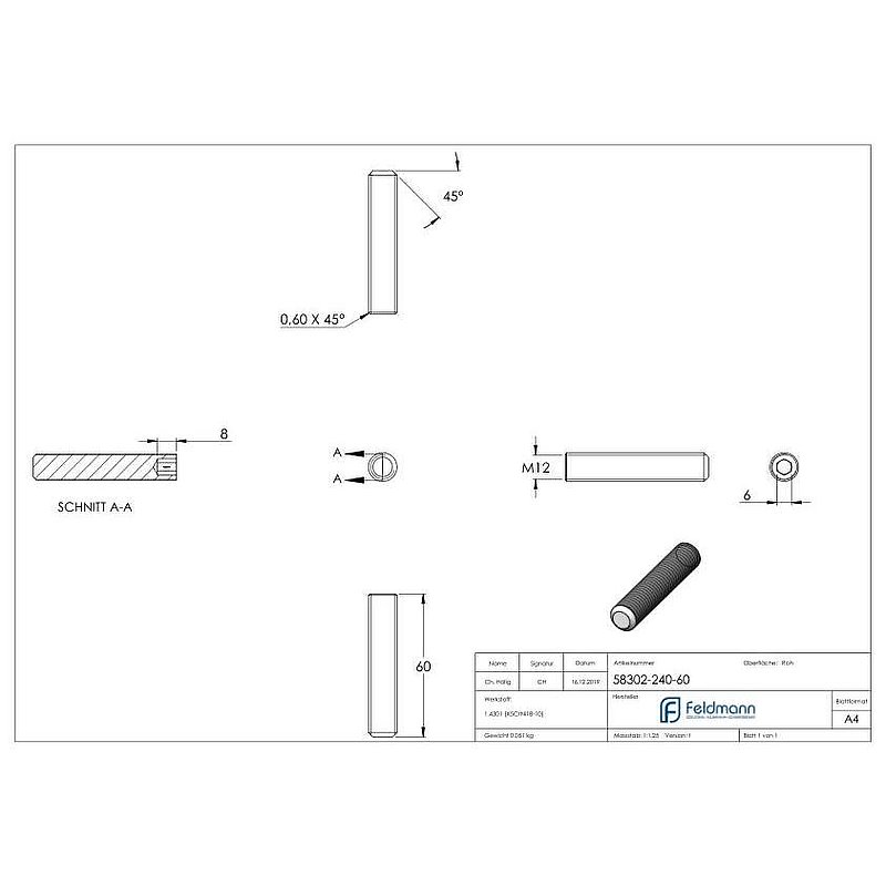 Grub screw M12x60, AISI304, DIN 913 / ISO 4026