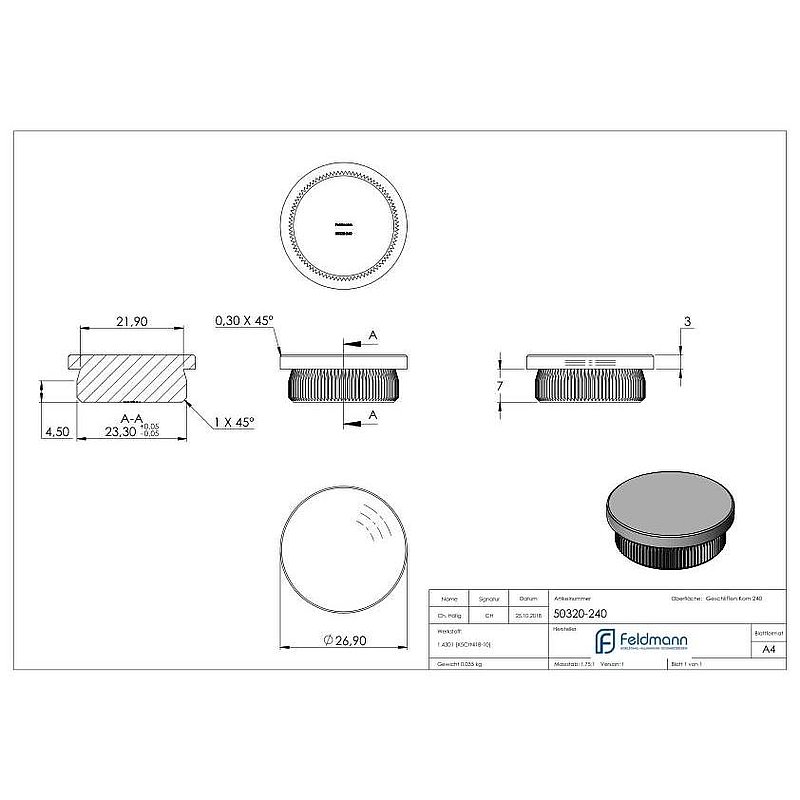 Bouchon pour extrémité de tube, pour tube 26,9x2,0mm, V2A
