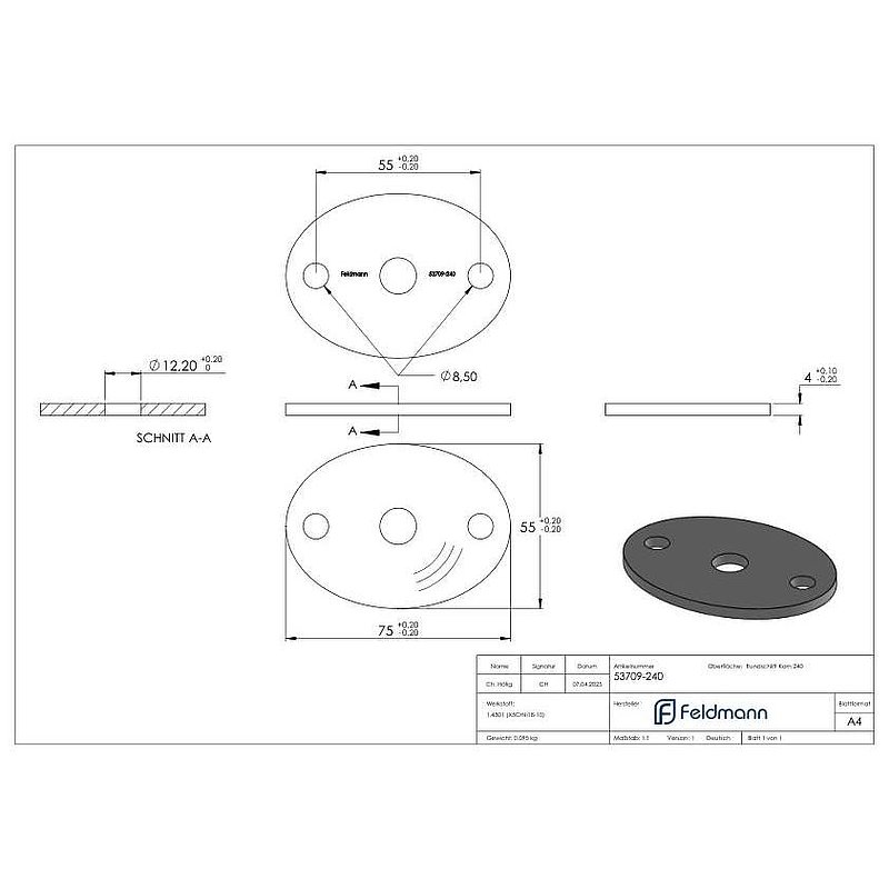 oval disc, 75x55x4mm, 2x 8.5mm drill holes and 1x 12.2mm drill hole, with round cut, AISI304