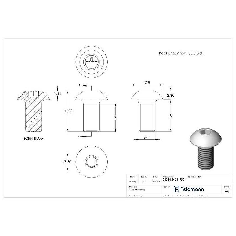 LUNORA® 50er Schrauben Set, zur Befestigung im Edelstahl Nutrohr 42,4mm