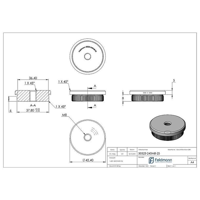 Bouchon pour extrémité de tube, pour tube 42,4x2,5mm, V2A