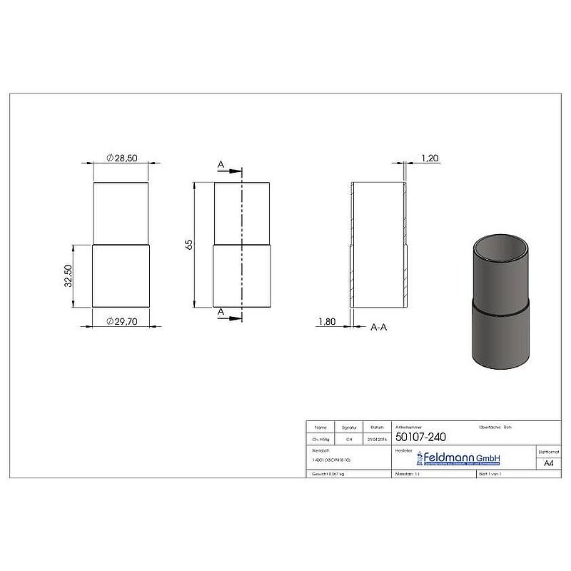 Verbindungsstück von 33,7x2,5mm auf 33,7x2,0mm, V2A