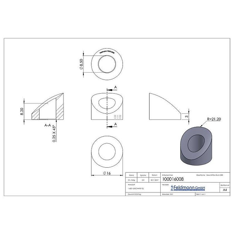 Moulded connection, for M8 thread, AISI304