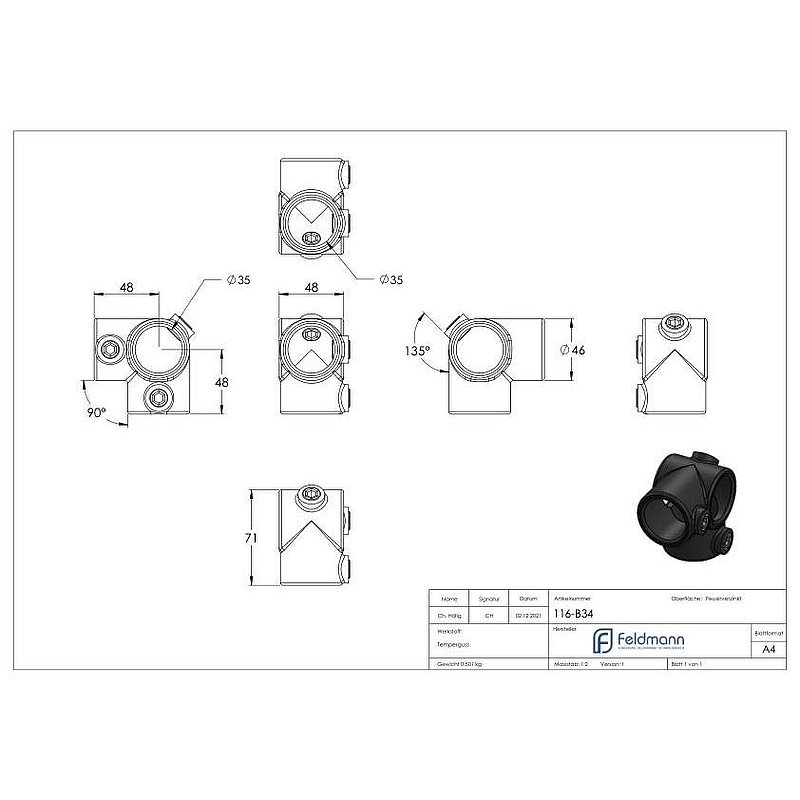 Eckstück, für Rohr Ø 33,7mm