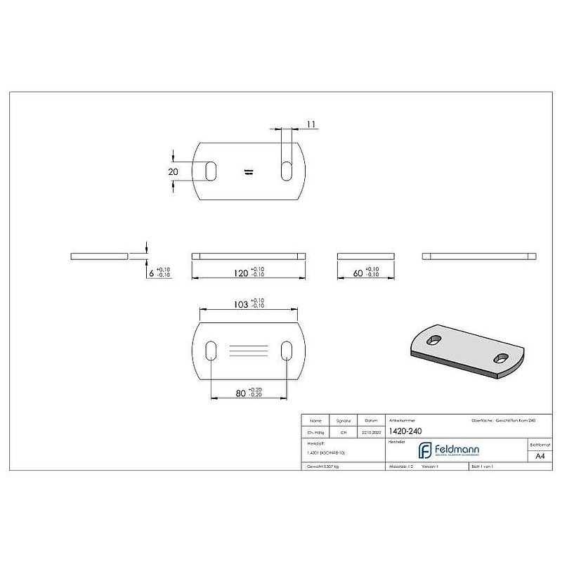 Anchor plate, 120x60x6mm, with longitudinal grinding, AISI304