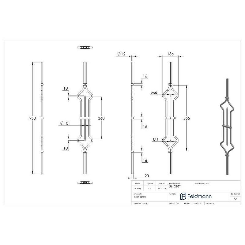 Barre design Ø12mm, lisse, H : 950mm, pour 2 boules Ø25mm