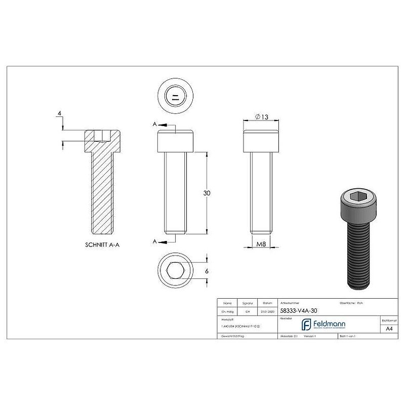 Cylinder head screw M8x30, AISI316, DIN 912