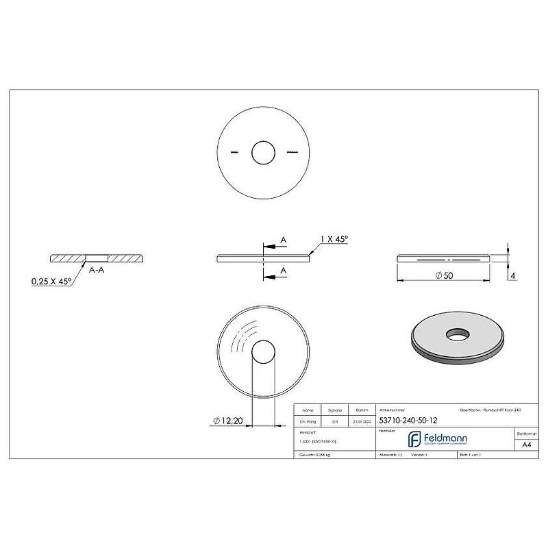 Ronde, Ø 50x4mm, mit Bohrung 12,2mm, V2A