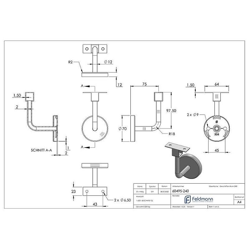 Handrail bracket for LED handrail (round plate and bracket welded), AISI304