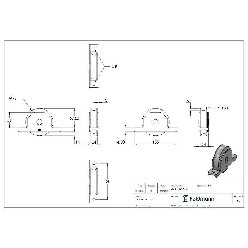 Sliding gate roller, round groove, Ø 98mm, AISI304