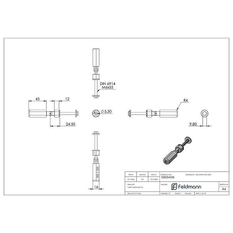 Gewindeterminal zur Selbstmontage, Seil 5mm, V2A