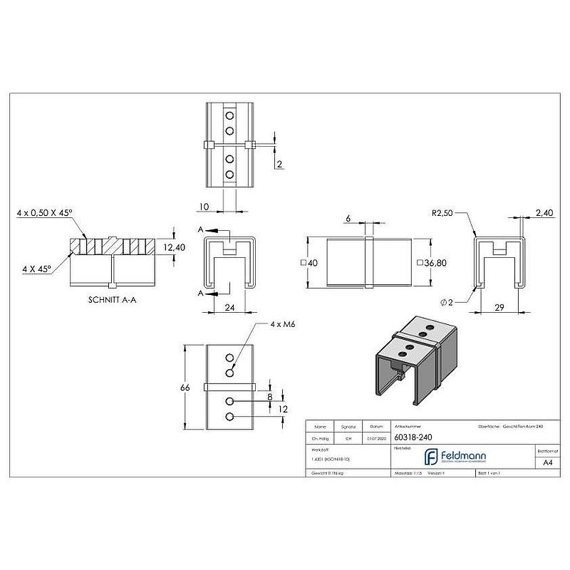 Tube connector for square grooved tube 40x40mm, AISI304