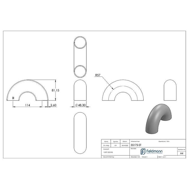 Schweißbogen 180°, 48,3x2,6mm