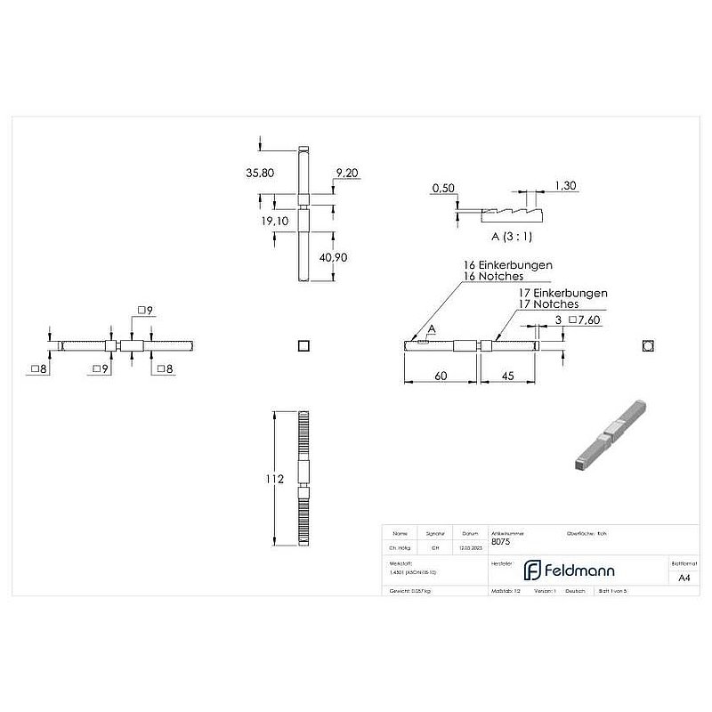 Stift 8 auf 9x105mm geteilt, V2A