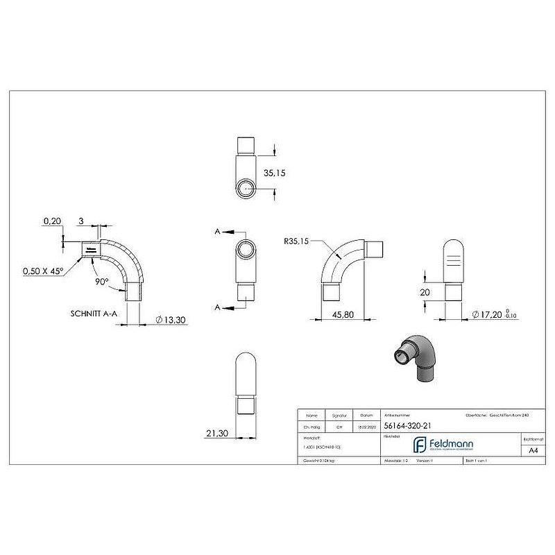 Tube coudé à 90°, pour tube Ø 21,3x2,0mm, V2A