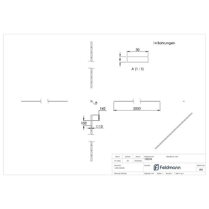 Lochleiste 30x8mm, Loch für 12x12mm, Lochabstand 132mm, 2m