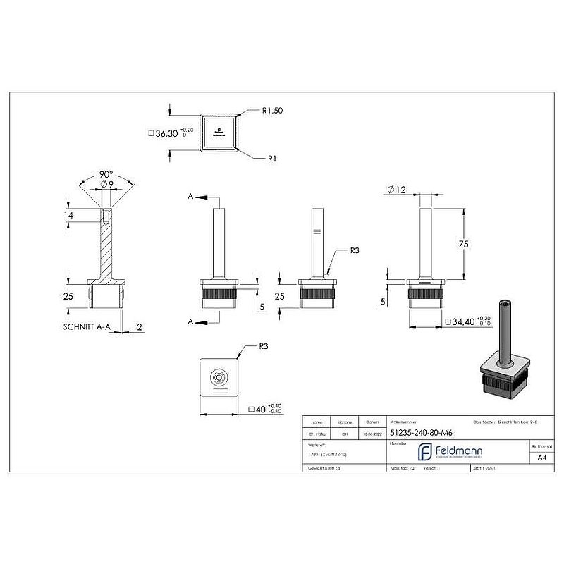Bouchon pour extrémité de tube avec tige, h 80mm, pour tube 40x40x2,0mm, M6, V2A