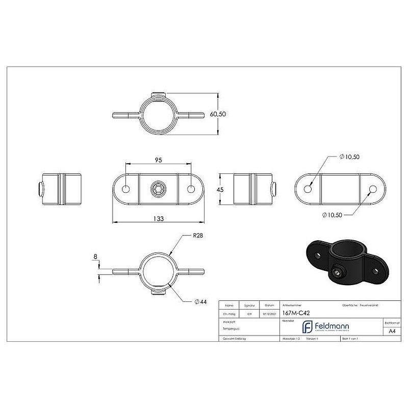 Halter mit 2 Laschen, 180°, für Rohr Ø 42,4mm