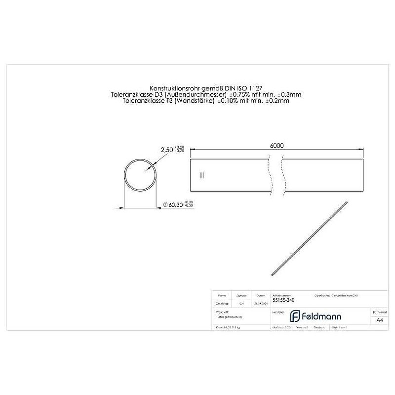 Tube rond acier inoxydable, Ø 60,3x2,5mm, L: 6000mm, V2A