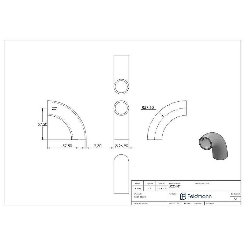 Schweißbogen 90°, 26,9 x 2,3mm, Bauart 5