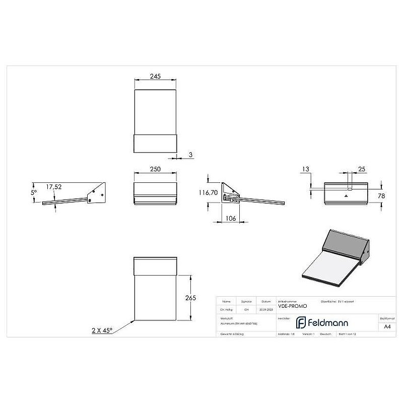 Promobox profilé d'auvent eleganza canopy, L=250 mm, E4/EV1, verre inclus