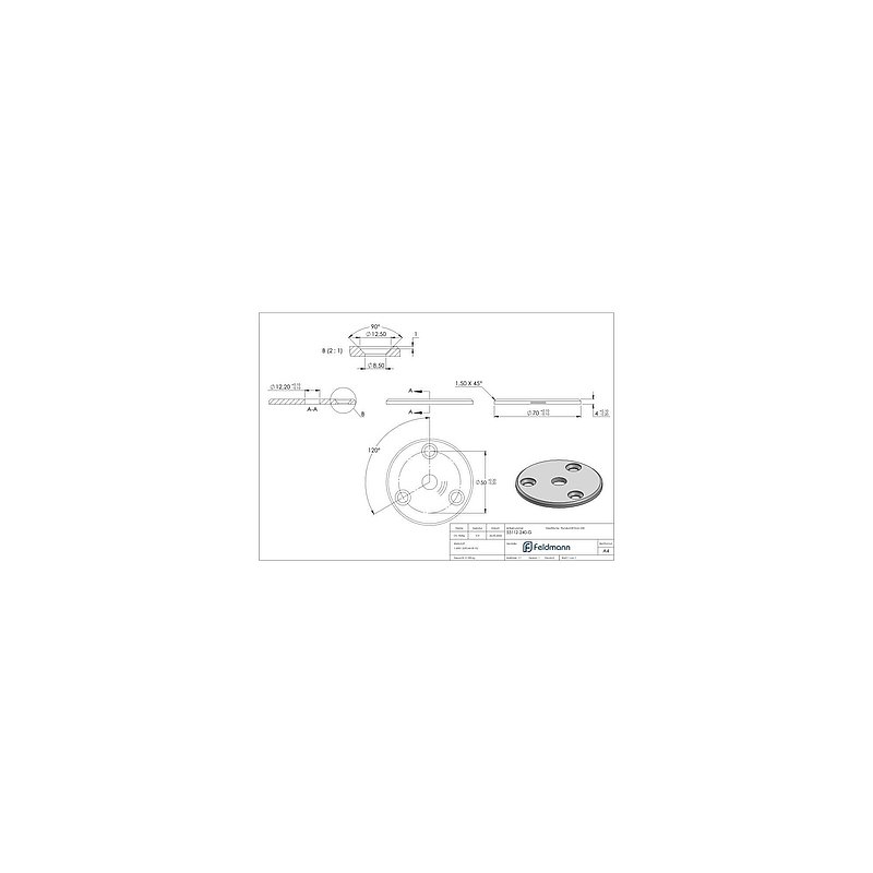 Ronde Ø 70 x 4mm, 3x Bohrung 8,5mm gesenkt, 1x Mittelbohrung 12,2mm, mit Rundschliff, V2A