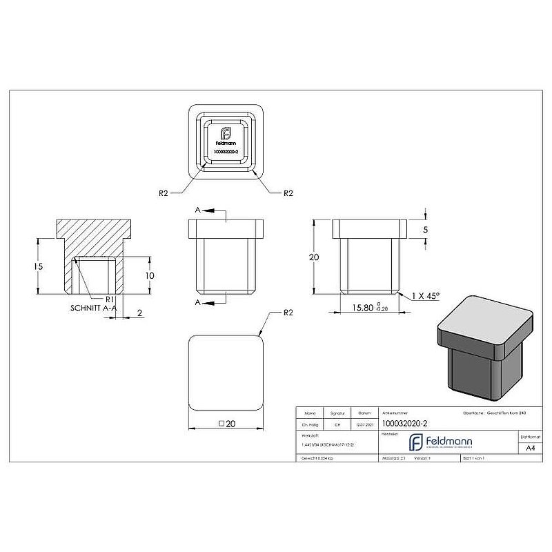Push-in cap, for tube 20x20x2.0mm, AISI316