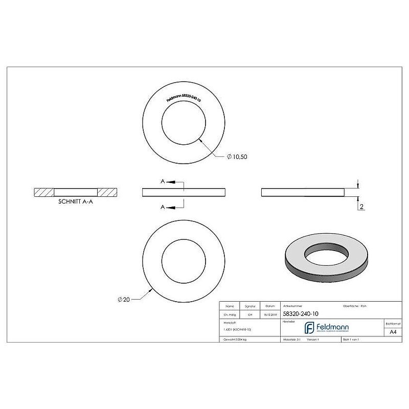 Rondelle plate pour vis M10, DIN 125-1, V2A