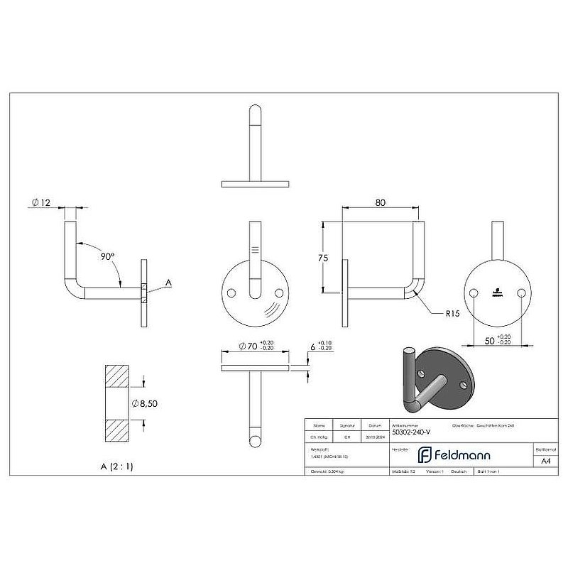 Handrail bracket for welding (round plate and bracket welded), AISI304