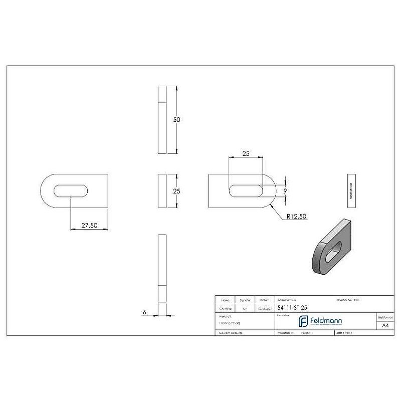 Weld-on bracket 50x25x6mm