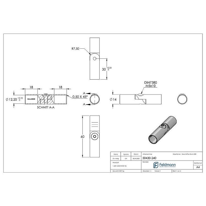 Rundstabverbinder mit Gelenk Ø 12mm, V2A