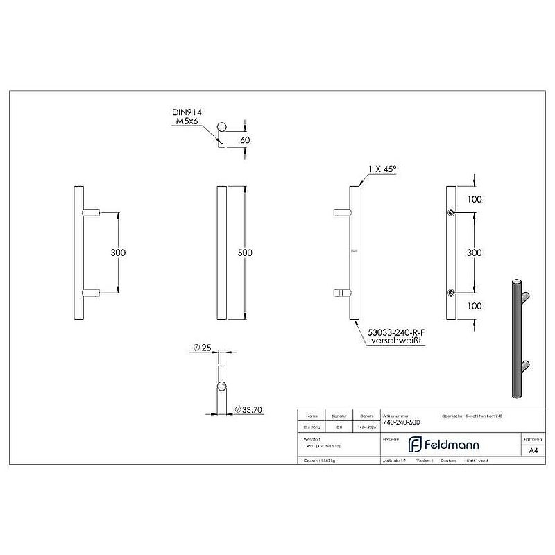 Push handle incl. holder straight with L: 500mm, AISI304