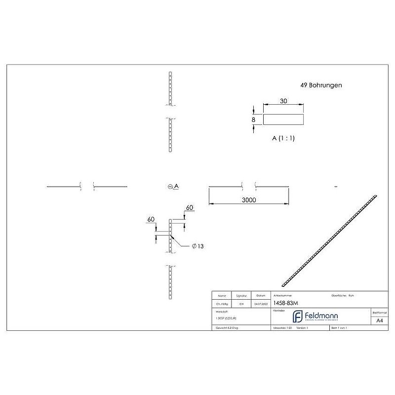 Lochleiste 30x8mm für Ø 13mm, Lochabstand 60mm, 3m