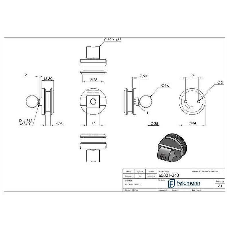 Fixation murale pour rail de guidage dans parois en verre, V2A