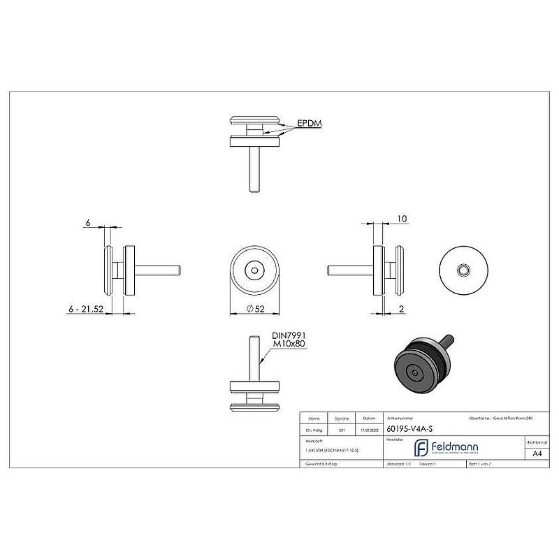 Glaspunkthalter 52mm, flach, mit Schraube, V4A