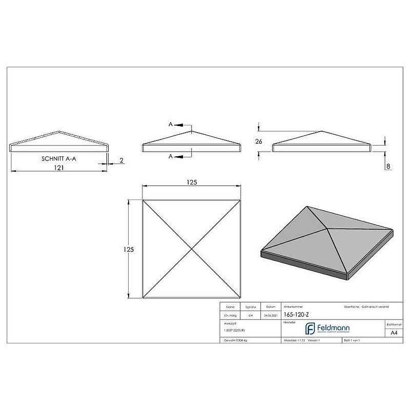 Pillar cover for tube 120 x120mm, galvanised