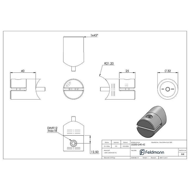 Blechhalter, Ø 32mm, Anschluss: 42,4mm, V2A