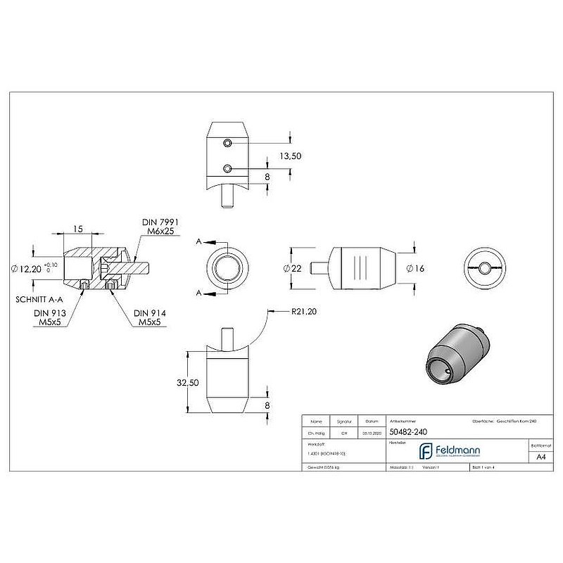 Support de lisse transversale (à insérer en extr. de fer) pour tube 42,4mm, trou borgne 12,2mm, V2A