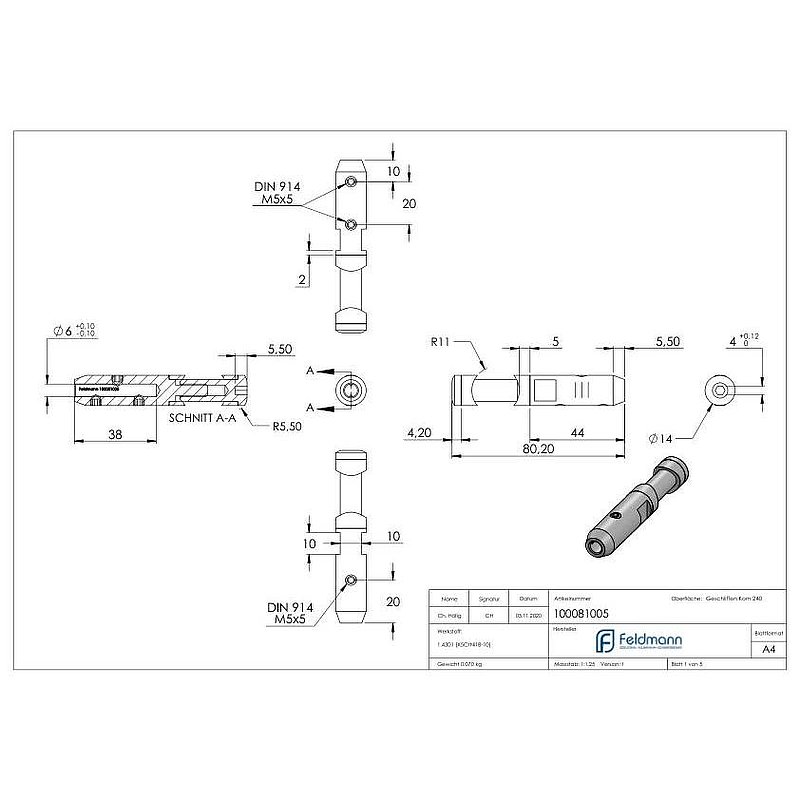 Cable holder for 5mm rope, AISI304