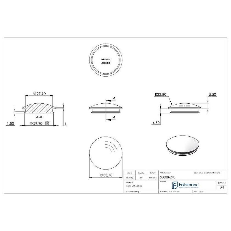 Rohrabschlussstopfen, für Rohr 33,7x2,0mm, V2A