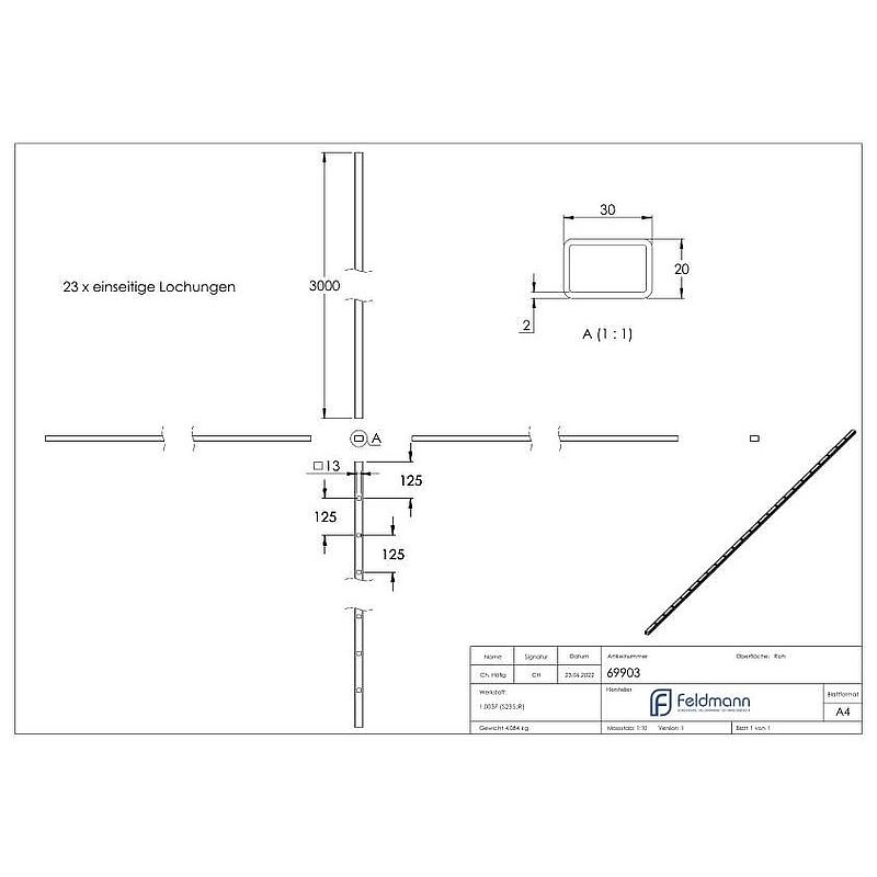 Rechteckrohr 30x20x2mm, gelocht, L: 3000mm