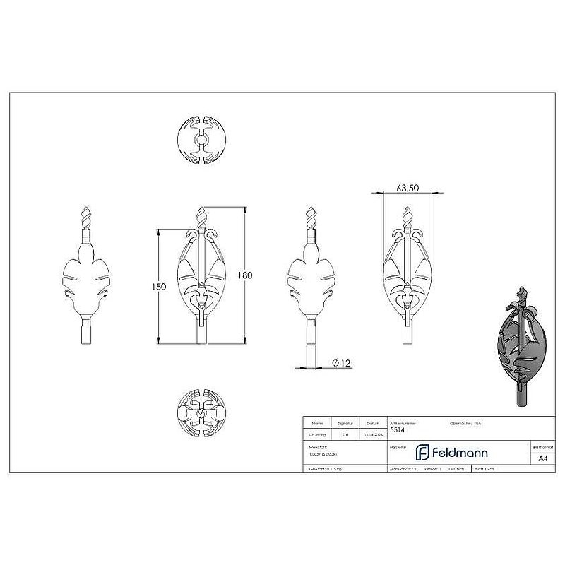 Blattspitze, Ansatz Ø 12mm, 180x65mm